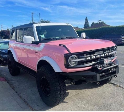 Wrapped Bronco, Lifted Bronco, Pretty Trucks, Girly Ford Bronco, White Bronco With Pink Accents, Pink Bronco Sport, Pink Ford Bronco, Hot Pink Bronco, New Ford Bronco Aesthetic