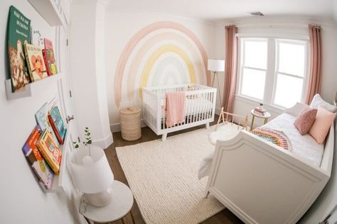 #babyroom #babyboyroom #babygirlroom Nursery Rainbow Theme, Baby Girl Nursery Rainbow, Rainbow Theme Nursery, Rainbow Nursery Theme, Rainbow Baby Room, Rainbow Themed Nursery, Pottery Barn Bassinet, Changing Table With Drawers