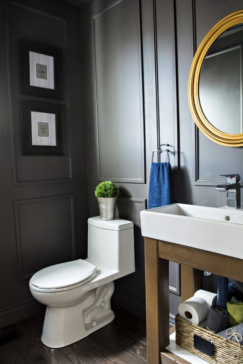 Before & After: A Blah Powder Room Gets a Moody Makeover  - ELLEDecor.com Family Bathroom Design, Ikea Sinks, Vanity Diy, Decorative Molding, Diy Makeup Vanity, Powder Room Makeover, Powder Room Design, Diy Vanity, Trendy Bathroom