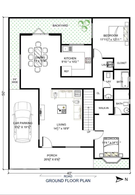 Hello and welcome to Architego.com , Length and width of this house plan are 40ft x 50ft. This house plan is built on 2000 Sq. Ft. property . This is a 2Bhk ground floor plan with a front garden, a car parking, backyard. 900 Sq Ft House, 2000 Sq Ft House, American Style House, Round House Plans, 2 Bedroom House Plans, Duplex House Plans, House Layout Plans, House Layout, House Map