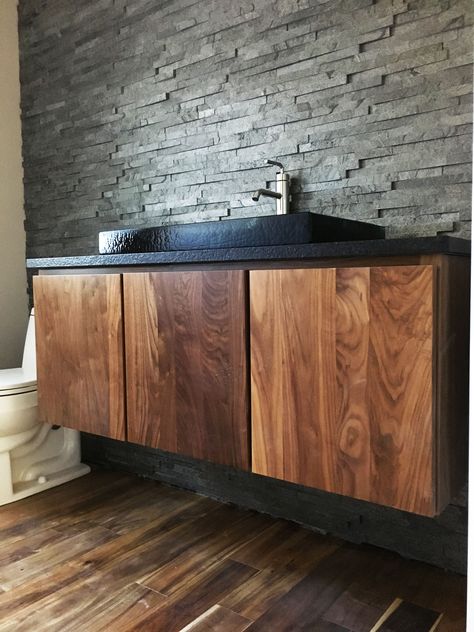 Sleek & modern floating walnut vanity Modern Walnut Bathroom Vanity, Walnut Bathroom Vanity Modern, Lounge Cabinets, Walnut Vanity Bathroom, Bathroom Millwork, Lake Castle, Walnut Vanity, Guest Bath Remodel, Modern Powder Room