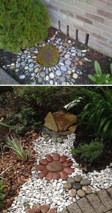 38+ Creative Patio  Garden Floor Decorating Ideas With Patterns For 2020 Pebble Patio, Decorative Downspouts, Rock Garden Design, Garden Floor, Rock Garden Landscaping, Garden Yard Ideas, Landscaping With Rocks, Small Backyard Landscaping, Backyard Landscaping Designs