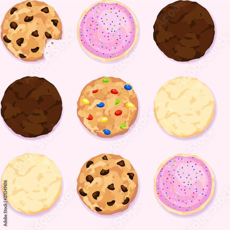 Stock Image: Seamless repeating background of chocolate chip, icing and sprinkles, fudge, candy, and sugar cookies on a pastel pink background Chocolate Chip Icing, Bloxburg Food Decals, Chocolate Chip Frosting, Fudge Candy, Cookie Drawing, Repeating Background, Cookie Pictures, Pastel Pink Background, Cartoon Cookie