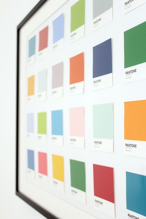 DIY Pantone wall art Paint Swatches Wall, Pantone Wall Art, Pantone Wall, Postcard Wall, Pantone Swatches, Chip Art, Happy Mind, Stick Crafts, Wall Art Crafts