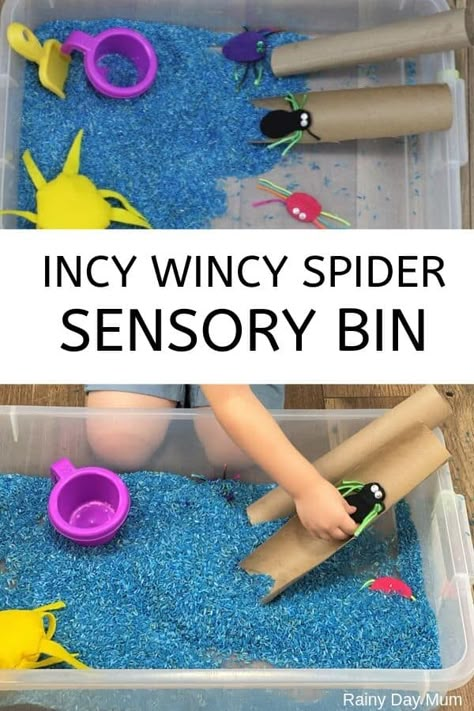 Simple to set up sensory bin for toddlers inspired by the Nursery Rhyme Incy Wincy Spider.  #sensorybins #nurseryrhymes #toddleractivities #rainydaymum Inch Wincy Spider Activities, Incy Wincy Spider Tuff Tray, Incy Wincy Spider Craft, Spider Sensory Bin, Incy Wincy Spider Activities, Spider Sensory, Eyfs Areas, Nursery Rhymes Preschool Crafts, Sensory Bin For Toddlers