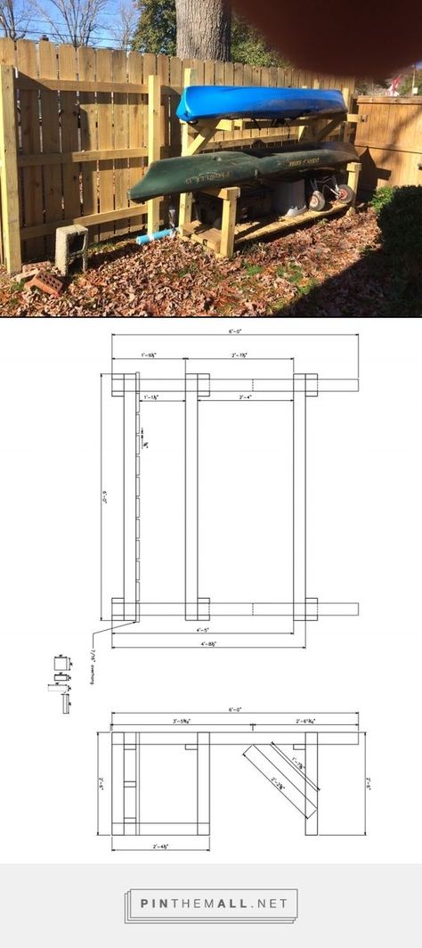 Little DIY Wooden Kayak Rack. I like to draw my project plans in CAD. I altered it while I was working on it changing the overall length from 6' to 8' to accommodate the longer kayaks. - created via https://pinthemall.net Canoe Stand, Kayak Rack Diy, Diy Kayak Storage, Boat Rack, Kayak Holder, Canoe Storage, Canoe Rack, Floating Boat Docks, Kayak Ideas