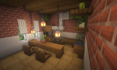 An easy minecraft kitchen design using banners for curtains and simple floor design. The brick walls give it more of a modern design. What do you think of it? #Minecraft #minecraftbuilds #house #MinecraftKitchen #Minecraftideas Minecraft Banner Curtain Designs, Easy Minecraft Kitchen, Minecraft Banner Curtains, Minecraft Curtains, Minecraft Kitchen Design, Minecraft Brick, Minecraft Kitchens, Minecraft Banner, Minecraft Interior