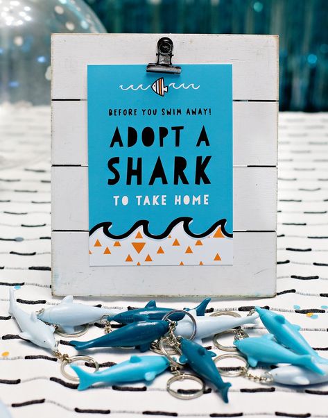 7 Fun & Modern Shark Party Ideas // Hostess with the Mostess® Shark Girl Party, Shark Signs For Birthday Party, Shark Themed Pool Birthday Party, Modern Shark Party, Shark Tales Birthday Party, Shark Themed Birthday Party Games, Adopt A Shark Party Favor, Adopt A Shark, Shark Bday Party Ideas