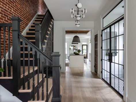 Row House Interior, Double Glass Entry Doors, Old Home Remodel, Mid Century Furnishings, Bedroom Floor Plans, Living In Europe, Dark Walls, Row House, Floor Layout