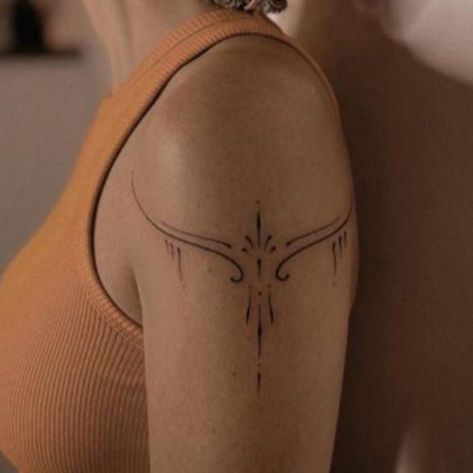 Shoulder Tattoos For Women Small Simple, Elf Tattoo Ideas, Ornamental Shoulder Cap Tattoo, Shoulder Design Tattoo, Matching Shoulder Tattoos, Rising Woman Tattoo, Shoulder Wrap Tattoo, Elf Tattoos, Warrior Tattoos For Women