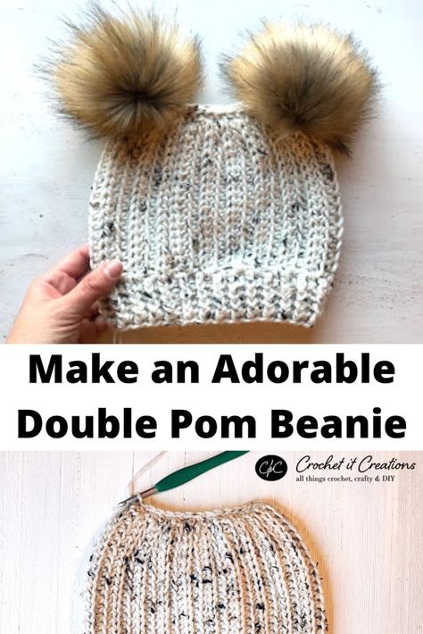 How to Make a Double Pom Mainstream Beanie - Crochet It Creations Crochet Beanie With 2 Pom Poms, Double Pompom Crochet Hat, 2 Pom Pom Beanie, Beanie With Two Pom Poms, Two Pom Pom Beanie, Crochet Hats With Pom Poms, Crochet Double Pom Pom Hat Adult, Crochet Double Pom Pom Hat Free Pattern, Crochet Mommy And Me Hats