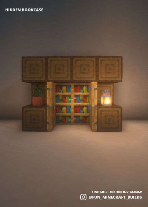 Simple and easy minecraft build idea for a hidden bookcase that can hide behind some doors! Doorway Designs Minecraft, Minecraft Hidden Door, Minecraft Doorway Design, Hidden Bookcase, Bookcase Design, Minecraft Inspo, Minecraft House Designs, Minecraft House, Hidden Door