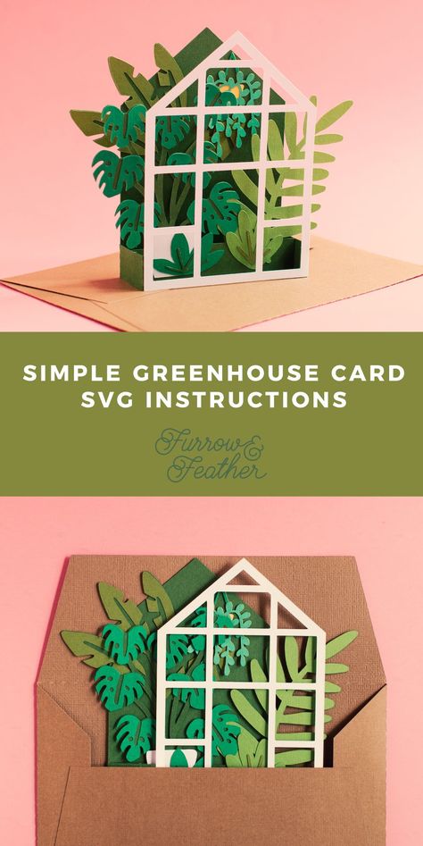 Instructions on how to assemble the 3D Simple Greenhouse Box Card SVG, a plant-themed Silhouette & Cricut papercraft cut file from Furrow and Feather. Simple Greenhouse, Cricut Art, Decorative Lanterns, Paper Plants, Card Svg, Paper Crafting Ideas, Pop Display, 3d Svg, Cricut Cards