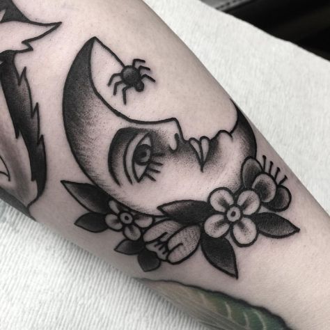 See this Instagram photo by @myraoh • 2,472 likes Black Trad Tattoo, Traditional Moon, Detailed Tattoo Designs, Ankle Tat, Halloween Flash, C Tattoo, Moon Tattoo Designs, Peonies Tattoo, Detailed Tattoo