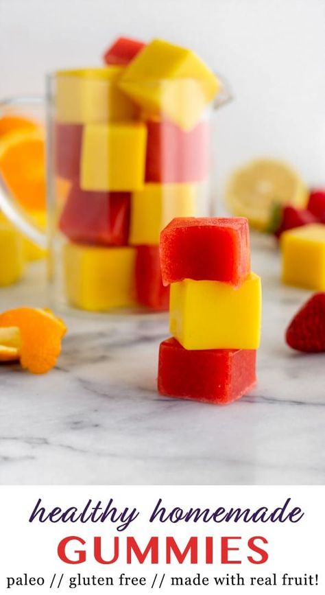 Paleo Healthy Homemade Gummies made with real fruit (not juice)!! A great option for an easy and healthy all-natural snack with protein and no artificial junk in them! - Eat the Gains #paleo #gummies #homemade #gummysnacks Aip Sides, Healthy Gummies, Gummy Snacks, Homemade Gummies, Man Recipes, Daniel Plan, Gummies Recipe, Gelatin Recipes, Natural Snacks