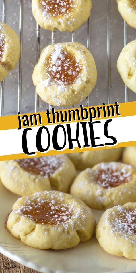 Jam thumbprint cookies are a Christmas tradition! In this easy recipe buttery shortbread dough is filled with sweet jam and sprinkled with powdered sugar for a delicious holiday cookie. Brighten up your Christmas cookie platter with these colorful jam cookies, just like grandma used to make. Perfect for any kind of jam including raspberry, apricot or strawberry. Jam Thumbprint Cookies Recipe, Cookie Biscuits, Banana Muffin Recipe Easy, Upstate Ramblings, Biscuits Recipes, Jam Thumbprint Cookies, Cakes Easy, Banana Muffins Easy, Easy Jam