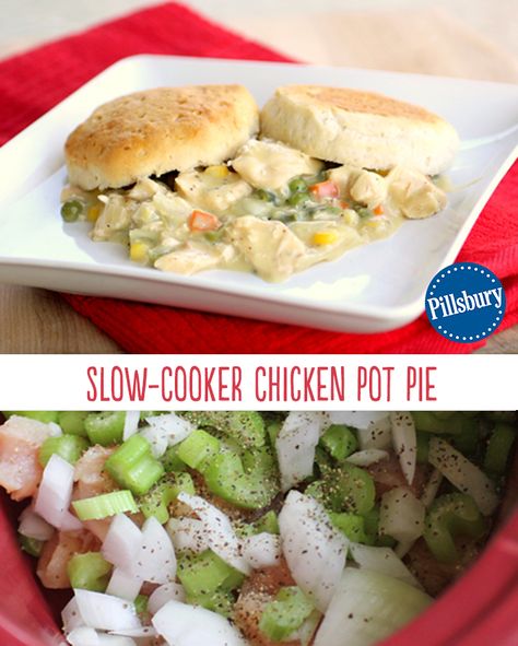 Try the easiest chicken pot pie recipe yet -- toss stuff in and let your slow cooker do its thing, then top with fresh-from-the-oven biscuits. Mmmm! This Slow Cooker Chicken Pot Pie is one of the easiest and yummiest dinners without sacrificing the taste that says love, home, and comfort. Pot Pie Crockpot Recipes, Slow Cooker Chicken Pot Pie Recipe, Slow Cooker Chicken Pot Pie, Crockpot Chicken Pot Pie, Easy Crockpot Chicken, Easy Chicken Pot Pie, Pot Pies Recipes, Chicken Pot Pie Recipes, Chicken Slow Cooker Recipes