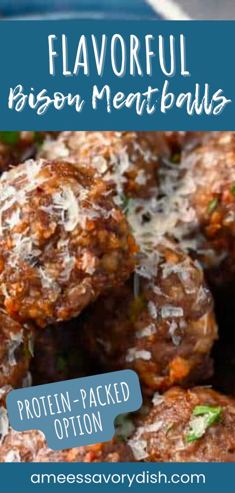 Meat Bites Recipes, Buffalo Recipes Meat, Bison Recipes Dinners, Bison Meatball Recipes, Ground Bison Recipes Casseroles, Ground Bison Meatballs, Bison Ground Beef Recipes, Elk Meatballs Recipes, Buffalo Meat Recipes