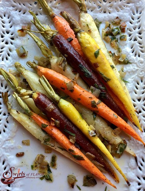 Roasted Tri-Colored Tarragon Carrots roast into sweet tenderness in just twenty minutes. Finish with a toss of creamy butter and the perfect hint of fresh anise flavor for a bowlful of nutrition, beauty, elegance and heavenly flavor! carrots | roasted carrots | roasted vegetables | tri-colored carrots | tarragon | Easter | side dish | vegetable side dish Tri Colored Carrots Recipe, Tarragon Carrots, Easter Side Dishes Vegetables, Colored Carrots, Easter Side Dish, Carrots Roasted, Purple Carrots, Carrots Side Dish, Colorful Carrots