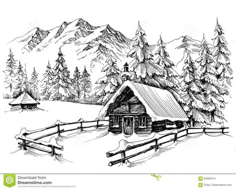 Download 375 Winter Cabin Drawing Stock Illustrations, Vectors & Clipart for FREE or amazingly low rates! New users enjoy 60% OFF. 98,931,322 stock photos online. Winter Cabin Drawing, Cabin Drawing, Barn Drawing, Snow Cabin, Landscape Pencil Drawings, Cabin Wall Art, Winter Drawings, Arte Aesthetic, Mountains Snow