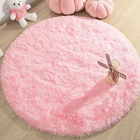 Fluffy area rugs surface is made of microfiber and memory foam, which will give you a soft touch and foot rebound. 【Rubber Backing】When you walk on the cozy rug, the countless rubber particles on the back of the rug can play a non-slip role. Circle Area Rug, Rug For Kids Room, Nursery Carpet, Circular Rug, Pink Round, Soft Cute, Round Rug, Kids Room, Rug