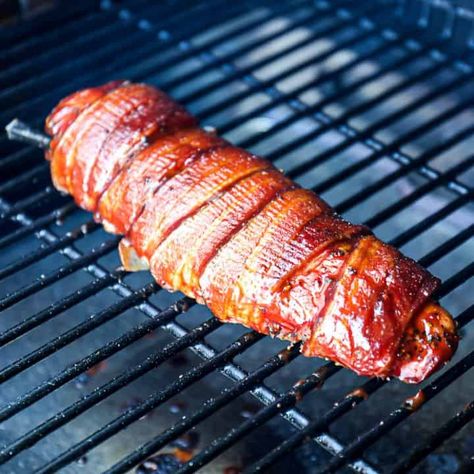 Smoked Bacon Wrapped Pork Tenderloin Cooked for about 2 hours on the Traeger Pellet Grill. It's an easy smoker recipe you have to try. Traeger Bacon Wrapped Chicken, Smoked Jalapeno Popper Chicken, Smoked Stuffed Chicken Breast, Smoked Bacon Wrapped Chicken, Kamado Recipes, Bacon Wrapped Tenderloin, Wrapped Pork Tenderloin, Bacon Wrapped Stuffed Chicken, Easy Smoker Recipes