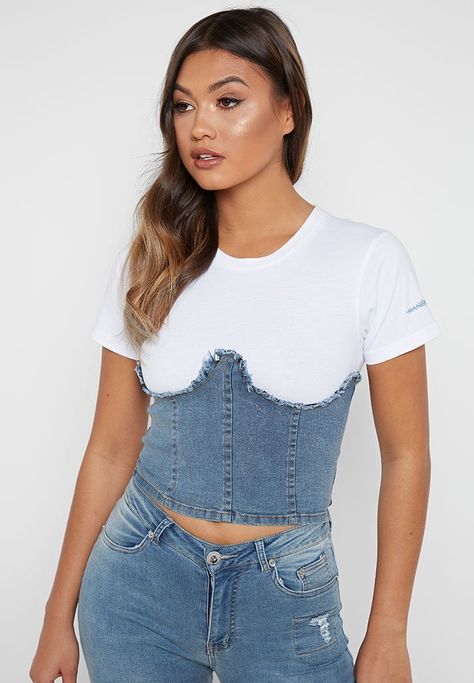 Denim Corset Over Shirt, Denim Corset Diy, Denim Corset Top Diy, Denim Corset Top Outfit, Denim Corset Top Pattern, Corset Top Diy, Diy Denim Top, Jean Corset, Deconstructed Denim Top