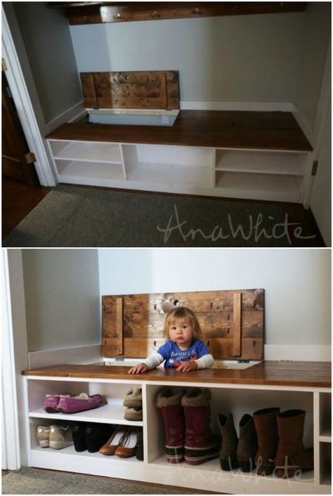 35 Space Saving DIY Hidden Storage Ideas For Every Room - 35 of the BEST DIY organizing ideas that provide hidden storage space. Includes DIY plans to create hidden storage for kitchen, bathroom, living room and bedroom. #organizing #storage #builtin #bathroom #bedroom #furniture Shoe Storage Bench Diy, Diy Hidden Storage Ideas, Diy Bank, Shoe Storage Bench Entryway, Diy Shoe Storage, Small Laundry Room Organization, Diy Storage Bench, Room Storage Diy, Garage Furniture