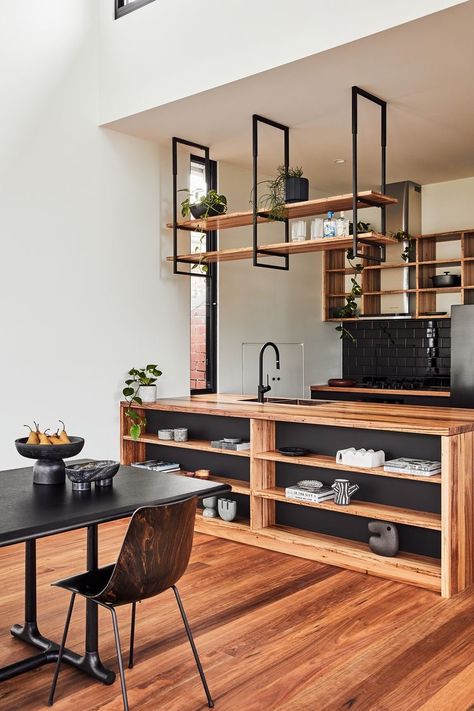 Light Stained Wood, Suspended Shelves, Weatherboard House, Melbourne Home, Open Cabinets, Melbourne House, Home Addition, Industrial Kitchen, Shabby Chic Kitchen