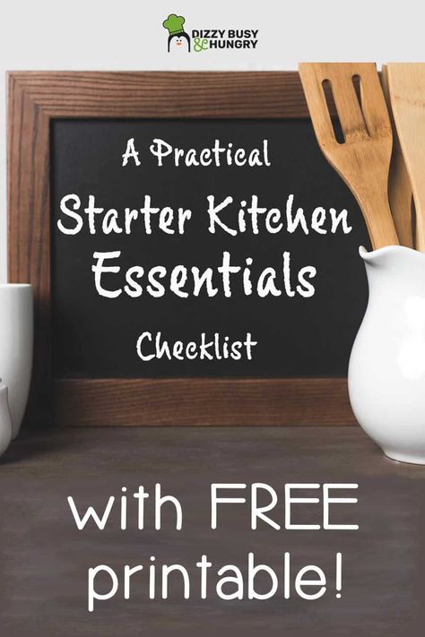 Here's a kitchen essentials list that will ensure your starter kitchen has everything needed to start cooking right on day 1. With links to example products and a helpful printable checklist, this list is invaluable to anyone moving into their first place, or even just looking to replace some worn items in their established kitchen! #kitchenessentials #kitchenorganization #firstkitchenchecklist #dizzybusyandhungry Starter Kitchen Essentials, Kitchen Starter List, Kitchen Registry, Kitchen Essentials Checklist, Wedding Registry Checklist, Kitchen Essentials List, Farmhouse Makeover, Cloud Kitchen, Essentials Checklist