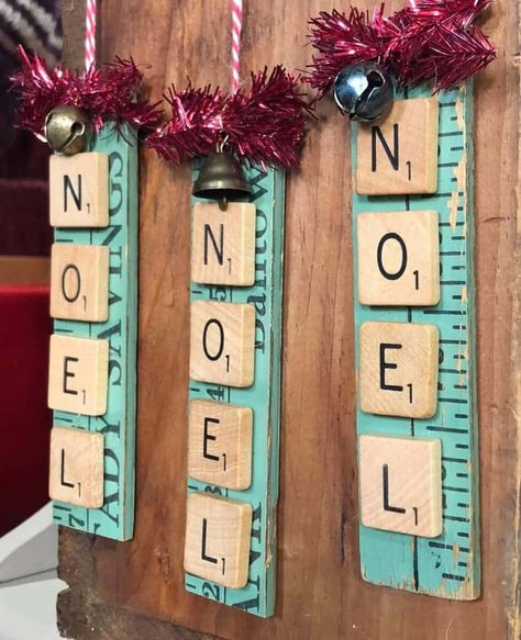 Christmas Craft Booth, Scrabble Letter Crafts, Ruler Crafts, Scrabble Tile Crafts, Christmas Craft Show, Yard Sticks, Tile Crafts, Craft Show Displays, Christmas Sleigh