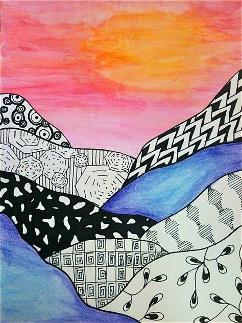 8th Grade: Zentangle Landscapes - ART at Mayfield Woods Middle School! Landscape Art Lessons, Art Sub Plans, 7th Grade Art, 8th Grade Art, Middle School Art Projects, Art Lessons Middle School, Elementary Art Projects, Homeschool Art, Line Art Design