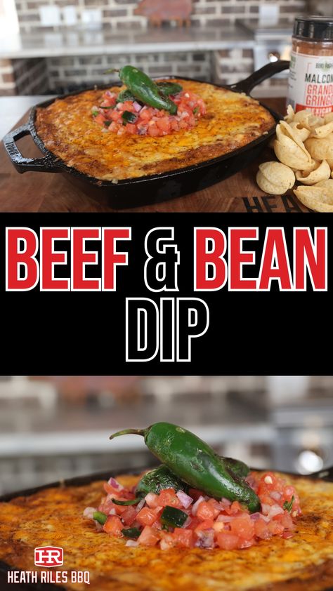 Why settle for bean dip when you can have Loaded Beef and Bean Dip? Packed with ground beef, cheese, jalapeños, and Heath Riles BBQ Chicken Rub, this dip is a flavor-packed twist on a classic.    With three kinds of cheese and rich refried beans, it’s the ultimate game-day snack ready in under an hour. Perfect for Superbowl parties or a family treat, this grill-friendly appetizer is easy and delicious. Spend less time cooking and more time enjoying the game with this crowd-pleasing favorite! Hamburger Bean Dip, Bean Dip With Ground Beef, Bbq Chicken Rub, Refried Bean Dip, Canning Refried Beans, Mexican Seasoning, Chicken Rub, Cheesy Dip, Kinds Of Cheese