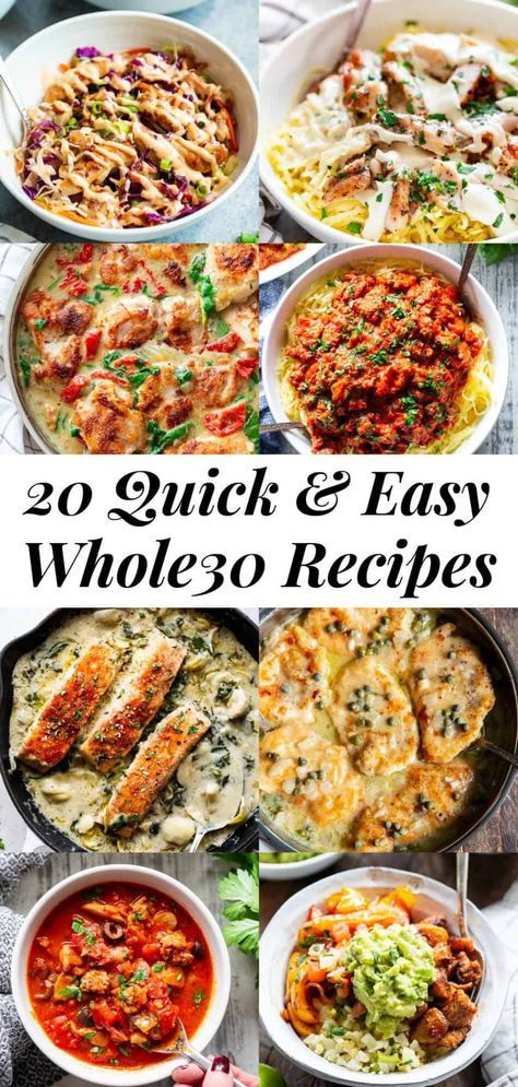 These 20 quick and easy healthy dinners are sure to make everyone in the family happy!  Each recipe is paleo friendly, Whole30 compliant, low carb, and ready from start to finish in 30 minutes or less.  If you're short on time you need these fast, healthy and super tasty dinner recipes in your life! #paleo #whole30 #keto #lowcarb #cleaneating 30 Minute Whole 30 Meals, High Protein Low Carb Paleo Recipes, Fast And Easy Healthy Meals, Whole 30 Comfort Food Recipes, Easy Dinner To Take To Someone, 7 Systems Plan Recipes, Clean Eating Asian Recipes, 30 Minute Healthy Meals, Healthy Supper Ideas Clean Eating