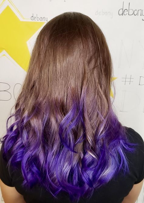 Purple Dip Dye Hair Brunette, Hair With Purple Tips, Dip Dye Hair Brunette, Purple Hair Tips, Baby Curls, Purple Balayage, Dyed Tips, Purple Tips, Dyed Hair Purple