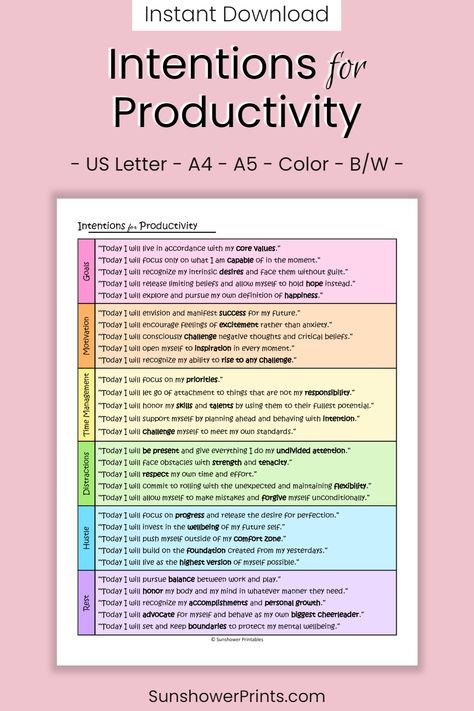 List of Productivity Intention Statements - Printable Goal Inspiration, Work & Focus Motivation, Self-Help Action Phrases, Digital Download Goal Inspiration, Work Focus, Daily Intentions, Definition Of Happiness, Focus Motivation, Work Productivity, Goals Inspiration, Therapy Worksheets, Authentic Self