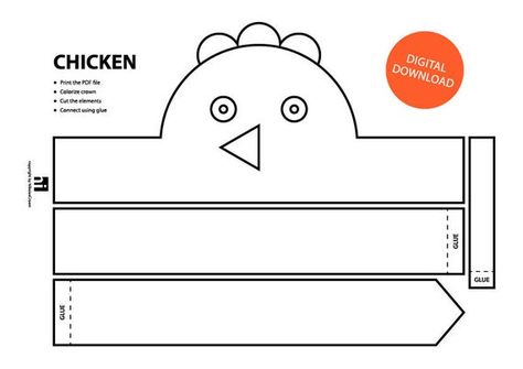 Chicken DIY Coloring Crown. Perfect for kids parties, kids theater, birthdays, playtime or carnivals. Youll receive one PDF and one JPG file. Just download, print, color, cut and glue.  you will need  • Printer with color ink • Print card stock or standard paper - 8.5 x 11/Letter Size • Paint, Paper Crown Printable, Coloring Face, Chicken Mask, Printable Crown, Crown Printable, Owl Templates, Chicken Coloring, Chicken Hats, Crown Template