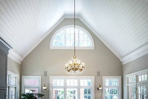 Arched custom window in high ceiling living room with chandelier Vaulted Ceiling Lighting, Vaulted Ceiling Living Room, Ceiling Options, Exposed Ceilings, Ceiling Types, Types Of Ceilings, Tall Ceilings, Living Room Ceiling, White Ceiling