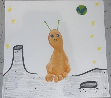 Daycare toddler space alien art preschool handprint footprint Footprint Space Crafts, Outer Space Art For Infants, Space Infant Crafts, Space Footprint Art, Outer Space Crafts For Infants, Space Infant Art, Outer Space Art For Toddlers, Infant Space Crafts, Space Crafts For Infants