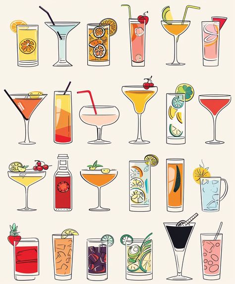 #Cocktails #Illustration #BoldColors #2dStyle #DifferentShapedGlasses #WhiteBackground Cocktail Doodle Easy, Old Fashioned Drawing, Cocktail Drawing Illustration, Colorful Alcoholic Drinks, Cocktail Glass Drawing, Cocktail Glasses Illustration, Cocktail Glass Illustration, Fruit Tingle Cocktail, Cocktail Drawing