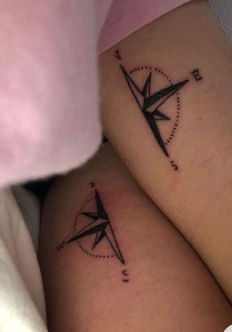 Best friends matching but not matching tattoos Matching Tattoos Guys Best Friends, Compass Tattoo Matching, Matching Friend Tattoos For 4, Best Friend Compass Tattoos, Half Matching Tattoos, Life Long Friend Tattoos, Best Friend Travel Tattoos, Matching Tattoos For Long Distance, Long Distance Bestie Tattoos