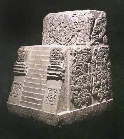 Teocalli Stone (Monument of Sacred War, 1507 AD) Motecuhzoma II throne ~ The magnificent stone monument variously referred to as the Monument of Sacred War, the Teocalli of Sacred War, the Temple Stone or, more simply, the throne of Motecuhzoma II, the Aztec king (tlatoani) who ruled at the time of the Spanish conquest, is covered with relief carvings of symbols, gods and Motecuhzoma himself. The throne, carved in the shape of a pyramid temple, commemorates the New Fire Ceremony of 1507 CE Stone Monument, Aztec Temple, Ancient Mexico, The Aztecs, Maya Art, Ancient Aztecs, Aztec Culture, Montezuma, Aztec Art