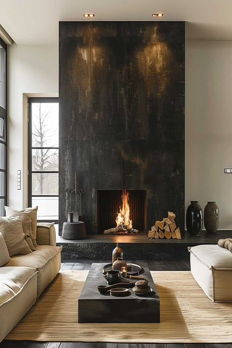 Contemporary living room with black fireplace wall and warm lighting. Black Fireplace Wall, Contemporary Fireplace Designs, Black Fireplace, Living Room Decor Fireplace, Contemporary Fireplace, Fireplace Remodel, Fireplace Ideas, Home Fireplace, Marble Fireplaces