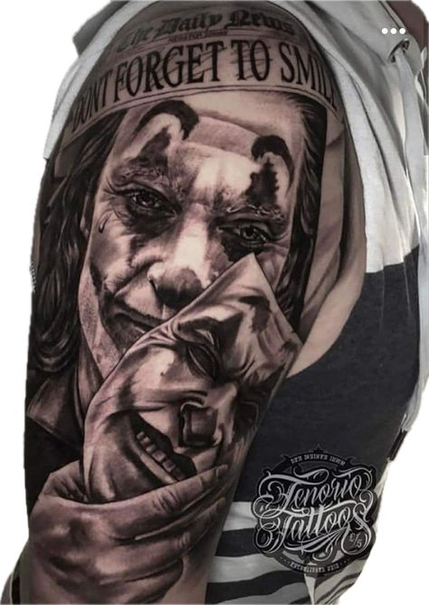 Dont Forget To Smile Joker Tattoo, Villain Tattoo Ideas For Men, Two Face Tattoo Men, Joker Two Face Tattoo, Joker Tatoos Ideas, Joker Forearm Tattoo, Joker Mask Tattoo, The Joker Tattoo Ideas, Joker Back Tattoo