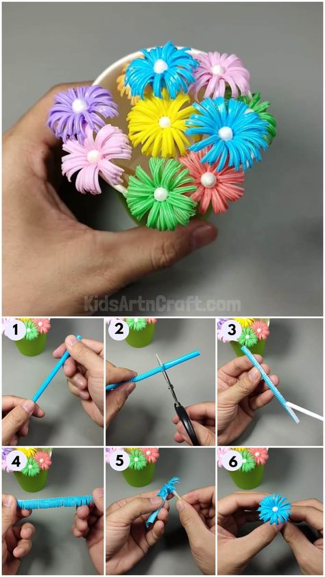 Drinking Straw Flower Craft Tutorial Check more at https://www.kidsartncraft.com/drinking-straw-flowers-craft-tutorial/ Straw Recycle Ideas, Diy With Straws, Straw Flowers Craft, Crafts With Straws, Straw Projects, Paper Straws Crafts, Drinking Straw Crafts, Straw Craft, Straw Flowers