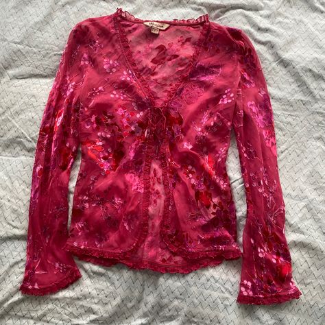 y2k 2000s bella hadid depop mesh blouse tie up top sheer summer pink ruffle trendy pinterest ootd beaded top spring italy fashion spain outfit inspo 2000s mary kate and ashley small business Outfit Inspo 2000s, Fashion Spain, Frilly Sleeves, Spain Outfit, Mary Kate And Ashley, Tie Up Top, Pink Y2k, Mesh Blouse, Italy Fashion