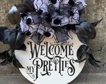 Wood Circle Wreath Halloween, Witch On Door Decoration, Dollar Tree Wood Halloween Sign, Halloween Decor All Year Round, Halloween Circle Signs, Halloween Decorating Ideas For The Home, Halloween Door Sign, Sign For Door, White Exterior Paint