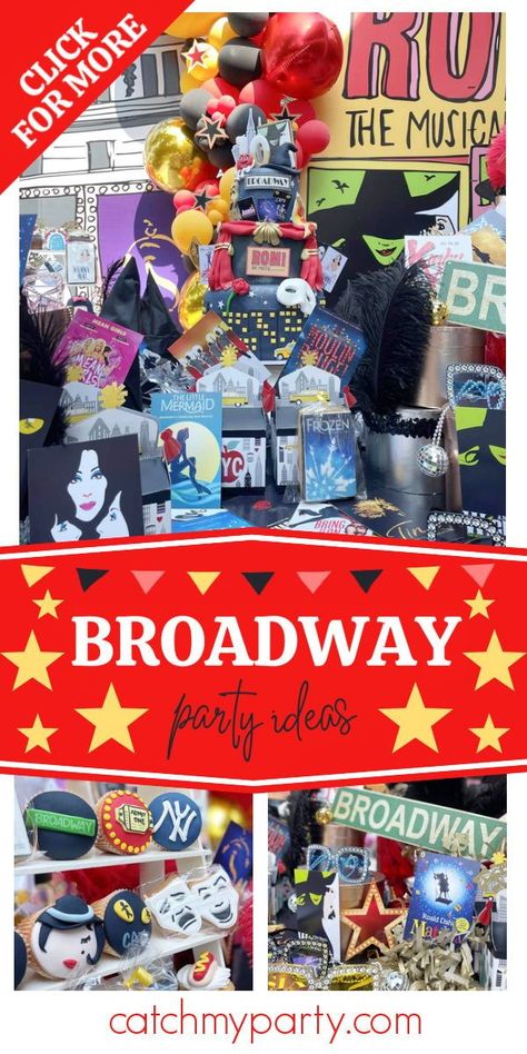 Check out this fun Broadway-themed birthday party! The cake is a show-stopper! See more party ideas and share yours at CatchMyParty.com Broadway Party Favors, Broadway Party Ideas, Broadway Themed Birthday Party, Broadway Birthday Party Ideas, Broadway Birthday Party, Musicals Party, Broadway Themed Party, Broadway Musicals Party, Broadway Sweet 16