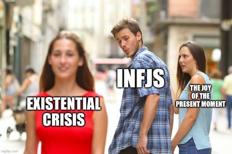 INFJs often struggle to appreciate the satisfaction of the present moment because their mind is wandering to big picture concerns and worries. #INFJ #MBTI #Personality Infj Bingo, Infj Meme, Infj Characters, Infj Humor, Infj Things, Mbti Infj, Introverted Thinking, Introvert Personality, Infj Type