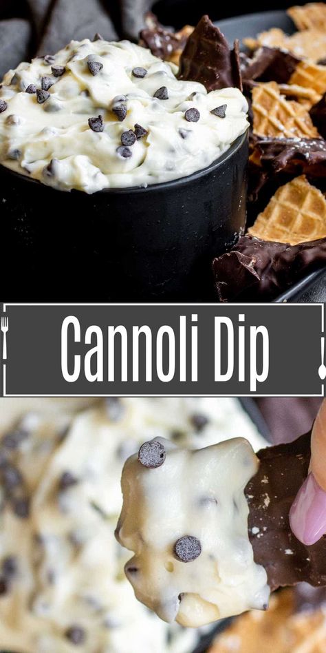 This Creamy Cannoli Dip is made with ricotta and mascarpone, and Italian cream cheese, and chocolate chips, served with waffle cone dippers. It is an easy dip that makes the BEST easy dessert recipe for parties. Best Easy Dessert, Cannoli Dip Recipe, Best Easy Dessert Recipes, Dessert Dip Recipes, Cannoli Dip, Cheese And Chocolate, Cannoli Filling, Dessert Dip, Easy Dip